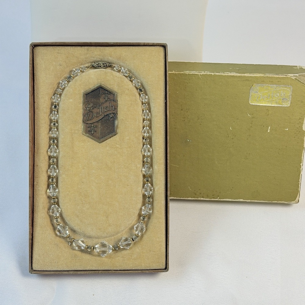 Vintage Delta Faceted Crystal Bead Necklace Original Box Sterling Silver Granny